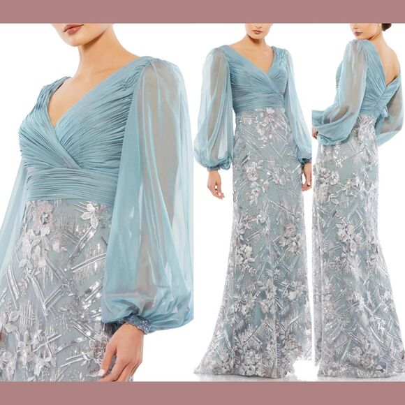 NWT $798 Mac Duggal [ 14 ] Puff Sleeve Pleat‎ Bodice Embellished Gown Slate Blue - Picture 1 of 16